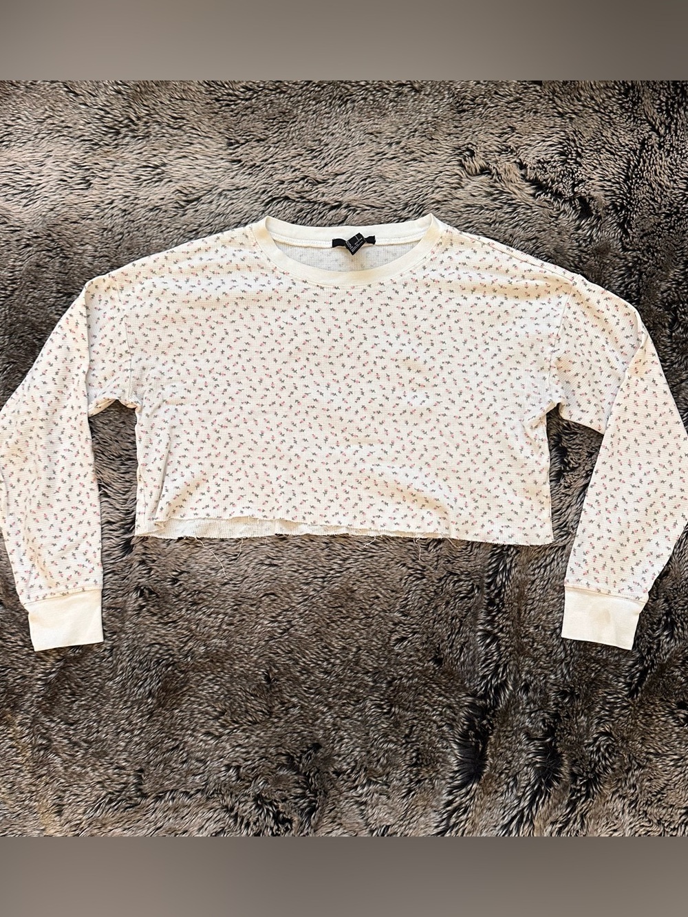 Cream Long-Sleeve Cropped Top with Floral Print